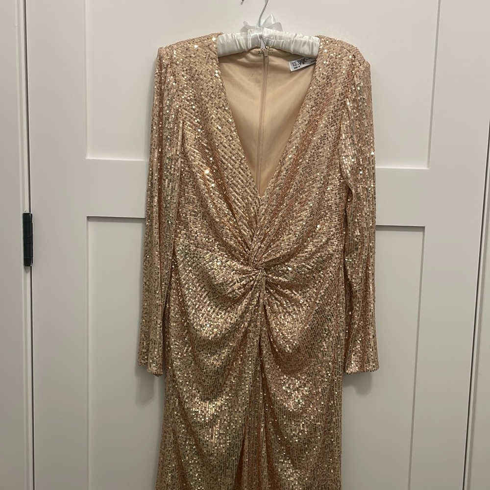 Mac Duggal Champagne Sequin High-Low Twist Front Gown - Picture 1 of 16